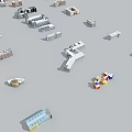 Various School Building Models with Different Architectural Designs Scattered on Gray Surface 3d model