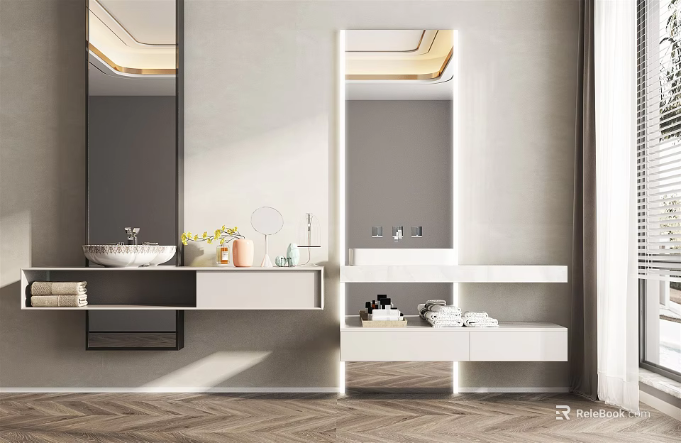 Modern Bathroom Vanity With White Countertop Large Mirror Storage Shelves And Decorative Items 3d model 