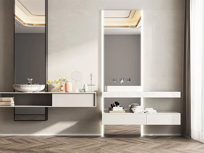 Modern Bathroom Vanity With White Countertop Large Mirror Storage Shelves And Decorative Items 3d model