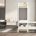 Modern Bathroom Vanity With White Countertop Large Mirror Storage Shelves And Decorative Items