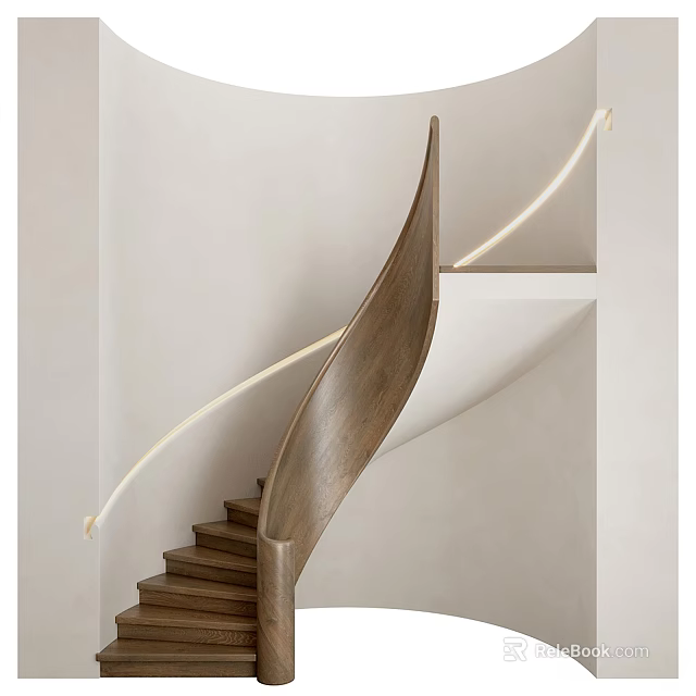 Modern Curved Wooden Staircase With White Handrail In Minimalist Light Interior 3d model 