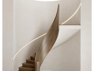 Modern Curved Wooden Staircase With White Handrail In Minimalist Light Interior 3d model