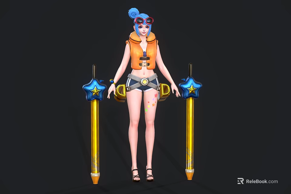 Goggled Blue Haired Character In Orange Life Jacket Holding Yellow Star Staff With Marine Creatures 3d model 