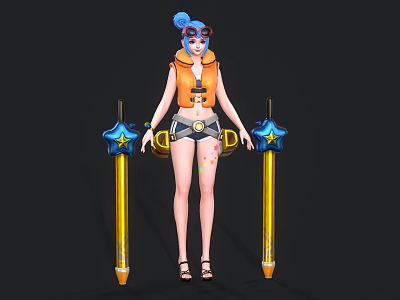 Goggled Blue Haired Character In Orange Life Jacket Holding Yellow Star Staff With Marine Creatures 3d model