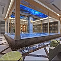 Luxurious SPA Sauna Interior With Wooden Frame Water Pool Blue Lighting And Marble Floor
