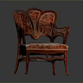 Classic Carved Armchair with Red Wooden Frame Ornate Backrest Armrest Patterns and Patterned Fabric Seat