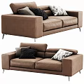 Modern Brown Leather Two Seater Sofa With Black Gray And Patterned Pillows 3d model