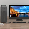 Modern Desktop Computer Setup with Monitor CPU Tower Keyboard Mouse and Headphones