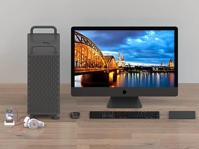 Modern Desktop Computer Setup with Monitor CPU Tower Keyboard Mouse and Headphones 3d model