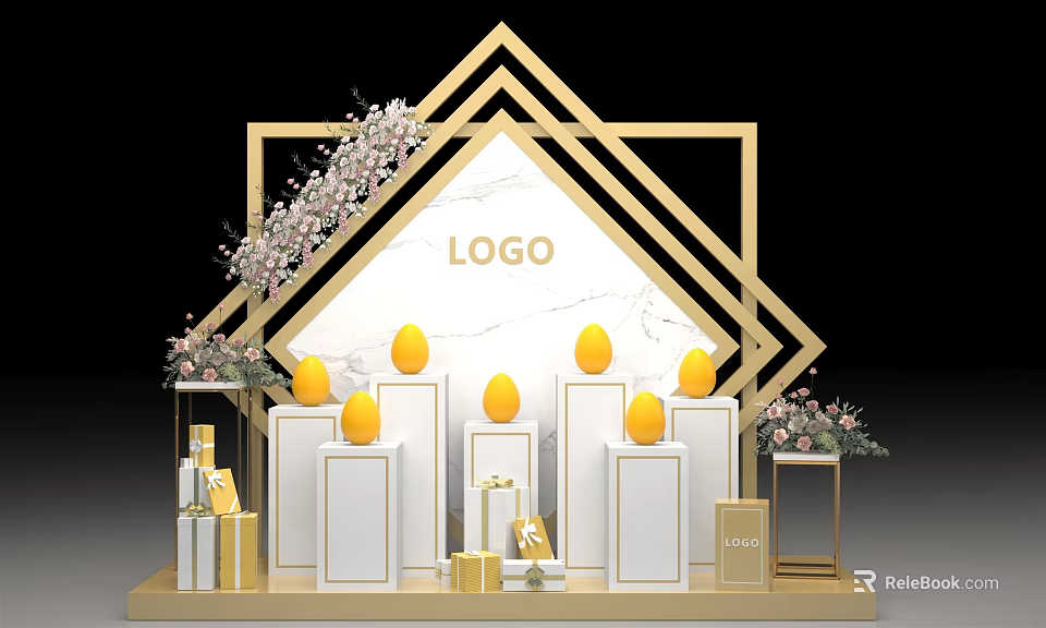 Golden Geometric Frame Exhibition Setup With LOGO White Pedestals Yellow Egg Decor And Floral Arrangements 3d model 