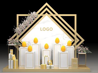 Golden Geometric Frame Exhibition Setup With LOGO White Pedestals Yellow Egg Decor And Floral Arrangements 3d model