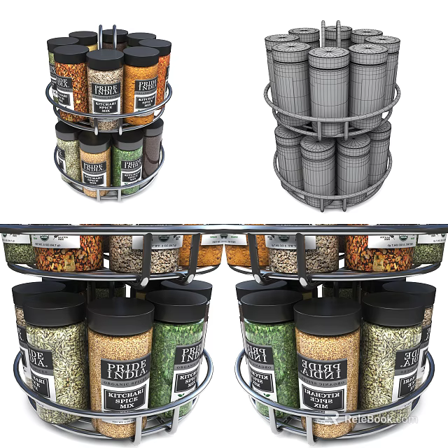 Organized Spice Jars on Rotating Rack for Kitchen Storage with Fresh Labels and Different Spices 3d model 