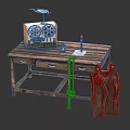 Rustic Wooden Workbench With Vintage Radio Tools And Metal Gas Cylinder