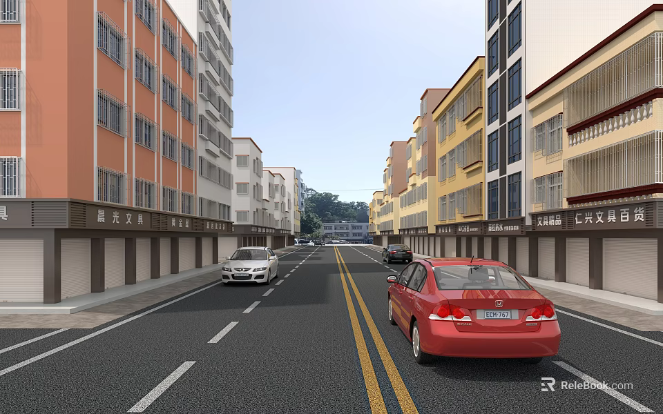 Modern Commercial Street with Colorful Multi Story Buildings Shops and Vehicles on Asphalt Road 3d model 