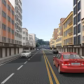 Modern Commercial Street with Colorful Multi Story Buildings Shops and Vehicles on Asphalt Road