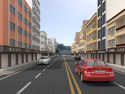 Modern Commercial Street with Colorful Multi Story Buildings Shops and Vehicles on Asphalt Road 3d model