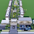 Residential Garden Landscape With Neat Trees Green Lawn Central Pathway And High Rise Buildings