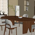 Modern Elegant Wooden Dining Table Set With Six Chairs Vase Plant And Cabinet