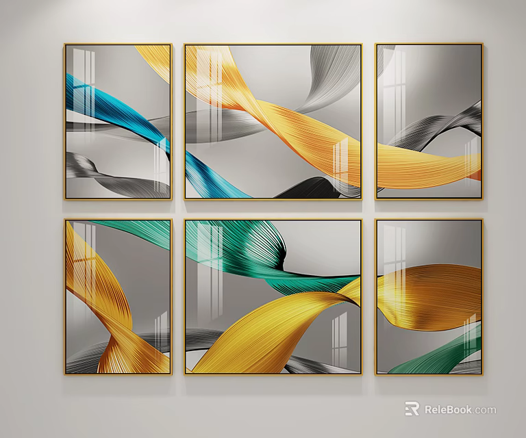 Modern Abstract Wall Art With Colorful Wave Patterns Gold Frame Six Panel Home Decor 3d model 
