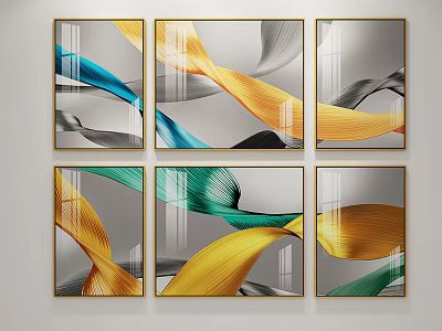 Modern Abstract Wall Art With Colorful Wave Patterns Gold Frame Six Panel Home Decor 3d model