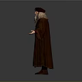 Elderly man standing in brown robe and hat with long white beard and outstretched hands