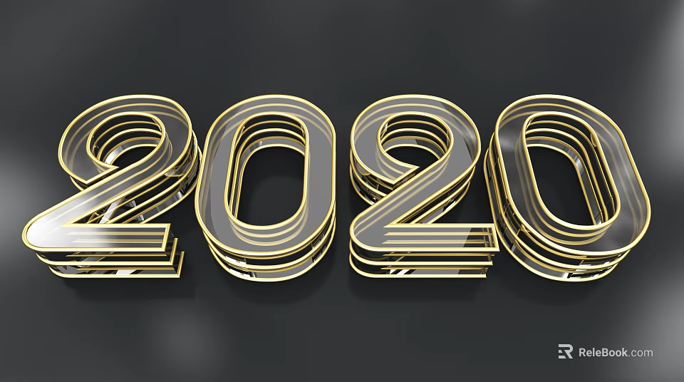 Elegant 2020 Number Decorative Ornament Set With Golden Frame And Transparent Material 3d model 