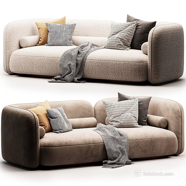 Modern Beige Sofa With Soft Pillows Cozy Blanket And Armrests 3d model