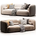 Modern Beige Sofa With Soft Pillows Cozy Blanket And Armrests 3d model