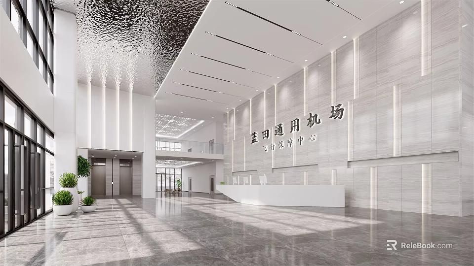 Front Desk Reception in Modern Airport Lobby with Spacious Design White Counter and Elegant Lighting 3d model 
