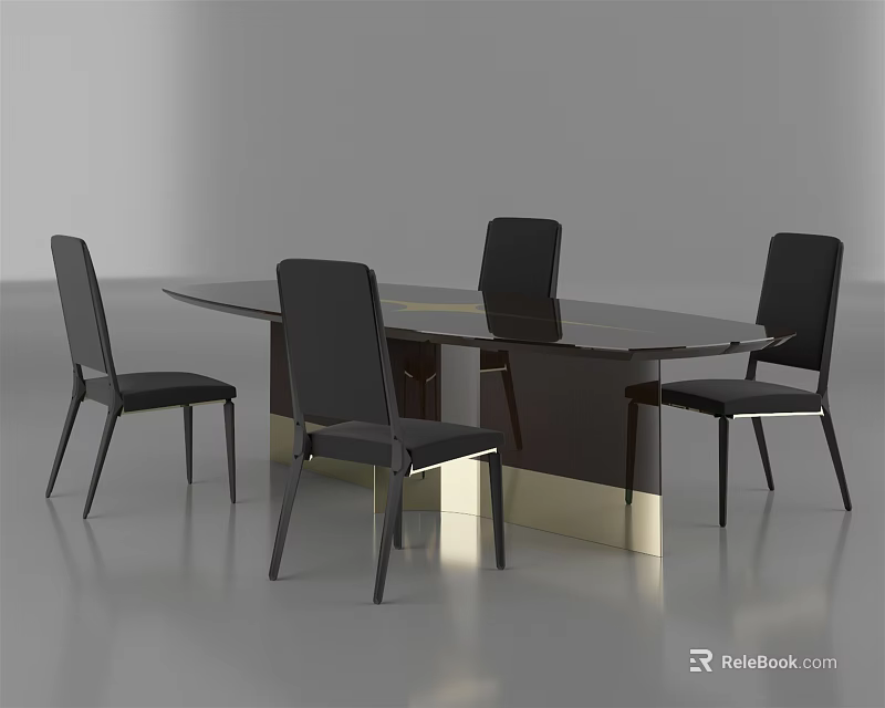 Modern Dining Set With Oval Glass Table And Four Black Chairs 3d model