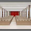 Spacious Formal Conference Room Interior With Arranged Chairs Long Tables And Front Projection Screen