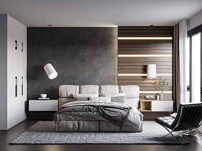 Modern Bedroom Interior With Dark Wall Wooden Panels Bed Pillows And Floor Rug 3d model