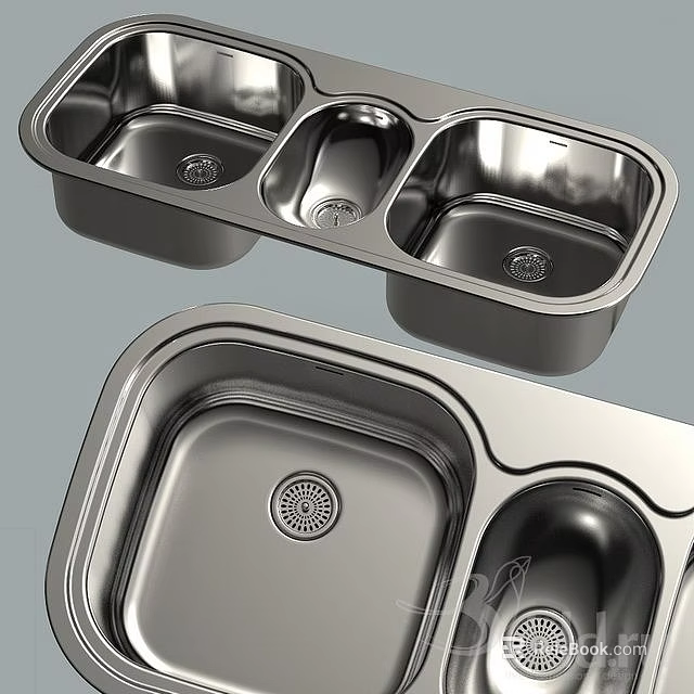 Modern Stainless Steel Kitchen Sinks With Double And Triple Bowl Design And Smooth Surface 3d model 