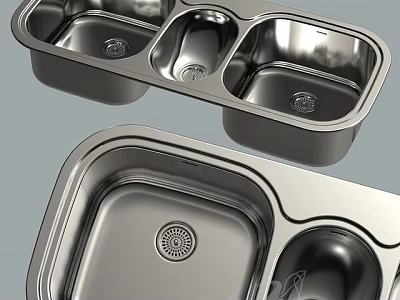 Modern Stainless Steel Kitchen Sinks With Double And Triple Bowl Design And Smooth Surface 3d model