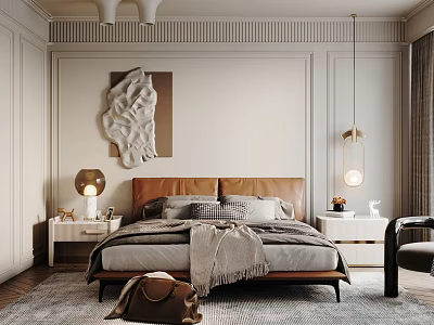 Modern Elegant Bedroom Interior With Brown Bedhead Decorative Wall Art Nightstands Table Lamps And Rug 3d model