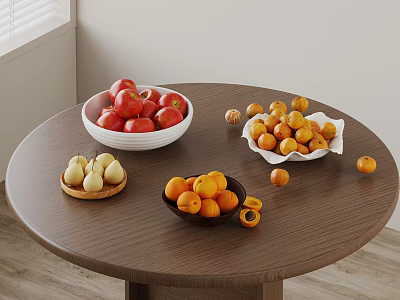 Fresh Red Apples Apricots And Pears On Wooden Table With Bowls And Plates 3d model