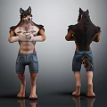Anthropomorphic Wolf Character Front And Back Views With Blue Denim Shorts Standing Pose Muscular Torso