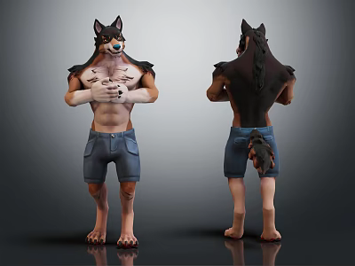 Anthropomorphic Wolf Character Front And Back Views With Blue Denim Shorts Standing Pose Muscular Torso 3d model