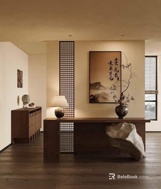 Chinese Style Entryway Interior With Wooden Console Table Lattice Screen And Calligraphy Painting 3d model 