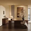 Chinese Style Entryway Interior With Wooden Console Table Lattice Screen And Calligraphy Painting