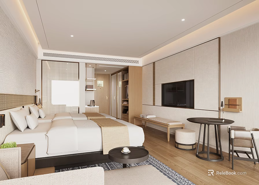 Modern Minimalist Hotel Room Interior With White Bedding Wooden Furniture And TV Lighting 3d model 