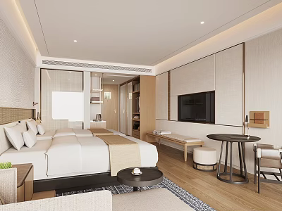 Modern Minimalist Hotel Room Interior With White Bedding Wooden Furniture And TV Lighting 3d model