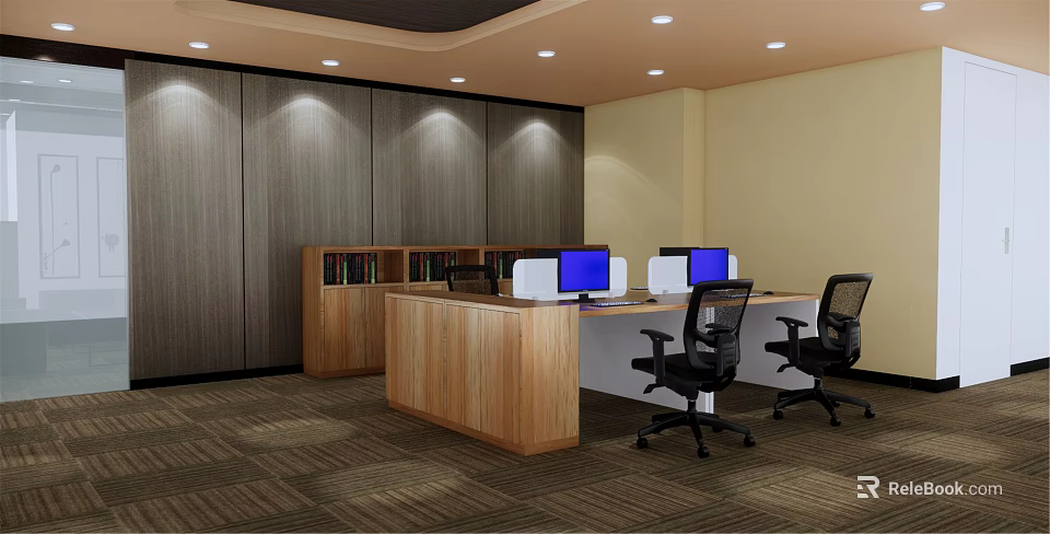 Public Office Space With Wooden Desks Computers Black Office Chairs And Modern Lighting 3d model 