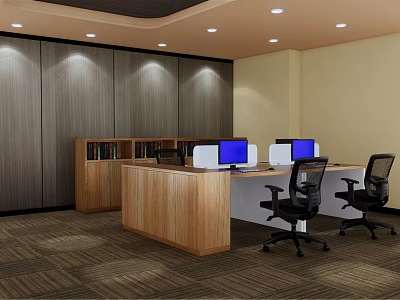 Public Office Space With Wooden Desks Computers Black Office Chairs And Modern Lighting 3d model