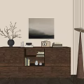 Modern Wooden Entryway Side Cabinet With Vase Books Clock Wall Art And Floor Lamp