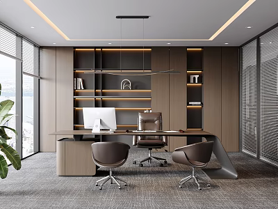 Modern Office Interior Design with Worktable Ergonomic Chairs Wooden Bookshelves and Floor to Ceiling Windows 3d model