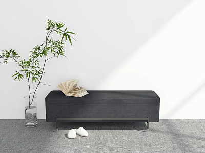 Black Upholstered Bed Bench With Books Glass Vase And White Slippers 3d model