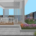Modern Garden Landscape with White Pavilion Wooden Walkway Outdoor Seating Green Plants and Colorful Flowers