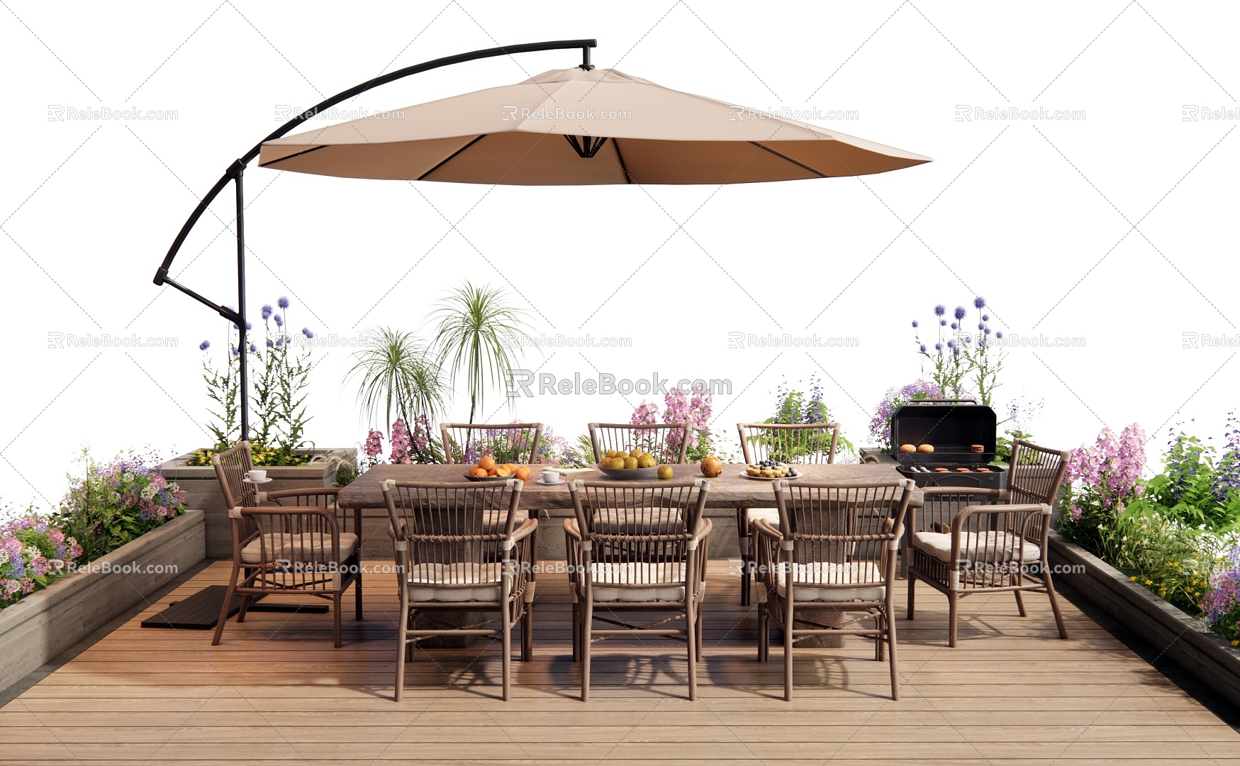 Quiet Style Outdoor Table and Chair Outdoor Dining Table Rattan Outdoor Chair Flower Pond Green Planting Flower Grill Flowers and Plants 3d model