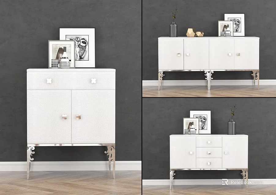 Modern White Entryway Console Cabinet With Metal Legs And Framed Art Vase Decor 3d model 